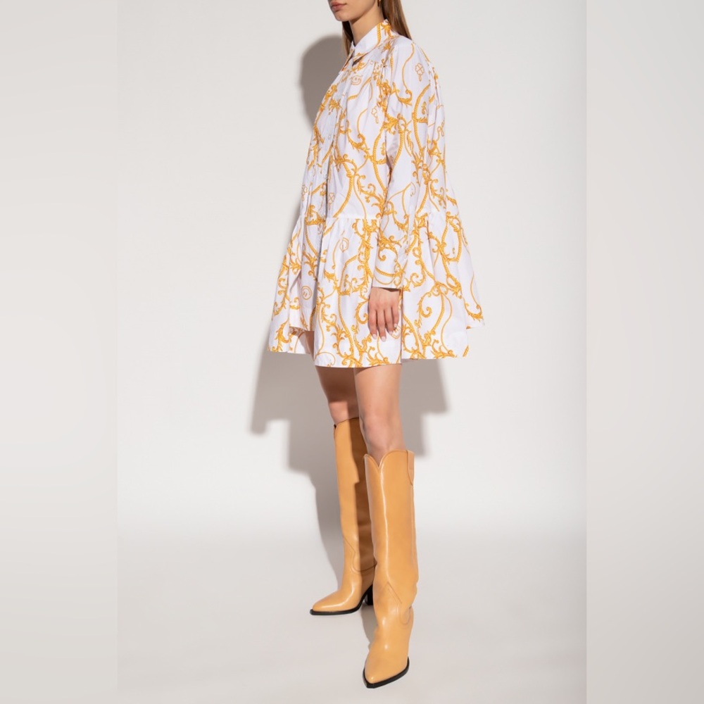 Ganni White Dress with Gold Pattern